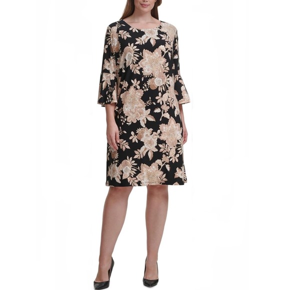 Tommy Hilfiger Dresses & Skirts - TOMMY HILFIGER Black & Beige Floral Lightweight Shift Dress 3/4 Bell Sleeves | 8